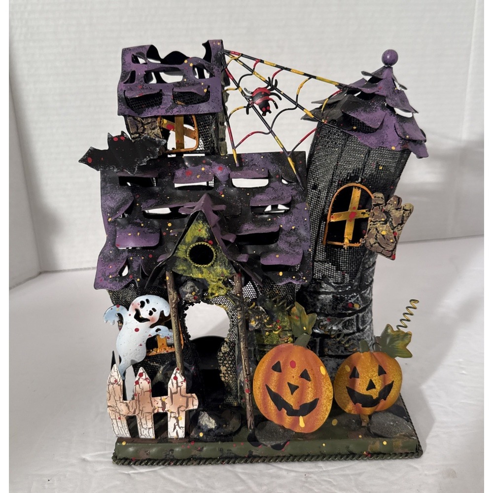 Halloween Metal Haunted House Pumpkins Ghost Tea Light Votive Candle Holder 9" H